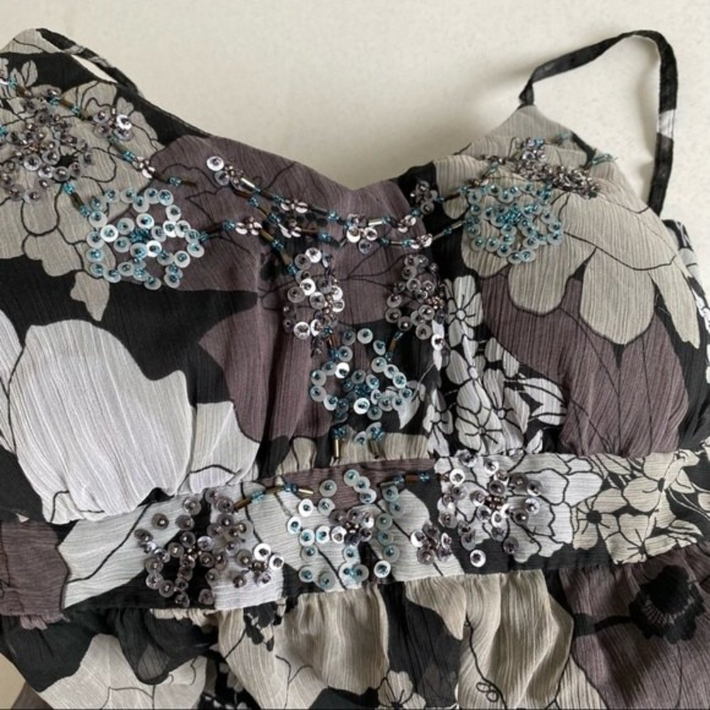 Floral Strappy Maxi Dress Womens size Small V-neck Tie back Beaded Sequins - Picture 11 of 14